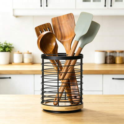 Porte-ustensiles rotatifs pour comptoir, grand organisateur rond pour ustensiles de cuisine avec base en bois, panier de rangement en acier inoxydable noir mat pour spatules, fouets et cuillères