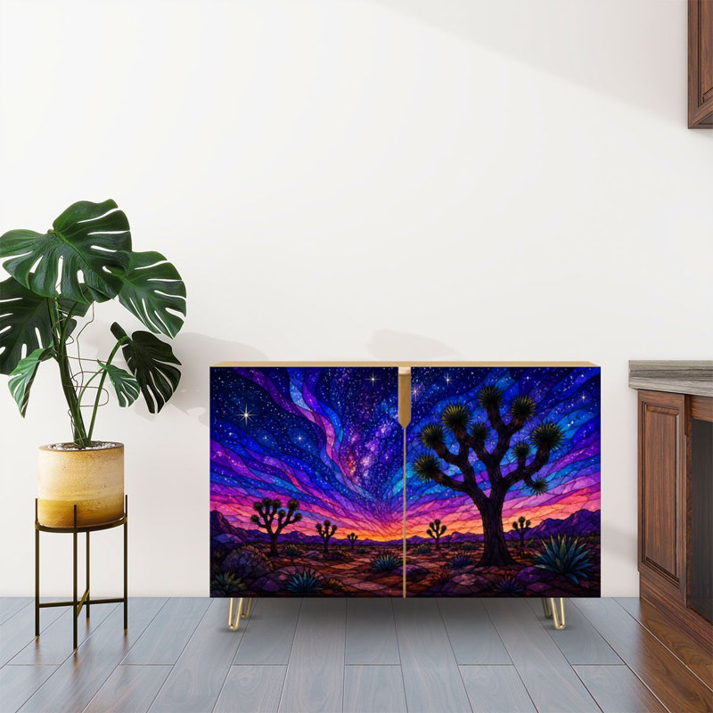 Buffet buffet avec rangement en vitrail imprimé paysage désertique Joshua Trees Starry Sky avec 2 portes pour le salon et la cuisine