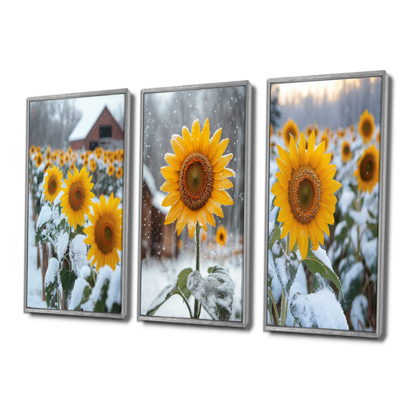Tournesols champêtres dans une basse-cour enneigée I - Collection d'art mural traditionnel, H 28 po x l 36 po, Argent argent