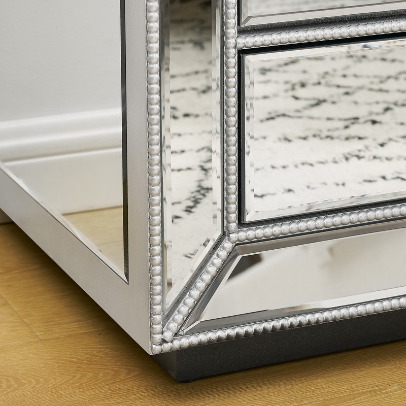 Armoire décorative à 3 tiroirs avec miroir perlé et poignées en cristal avec garniture perlée pour le salon ou la chambre à coucher