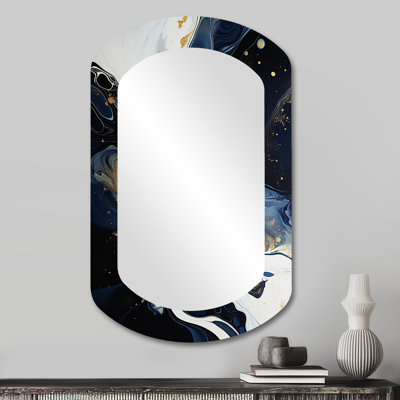 Gold and blue Abstract liquid ink serenade of swirls IV - Liquid Ink Asymmetrical Wall Mirror, Modern Cylinder Decorative Mirror, Printed Metal Art