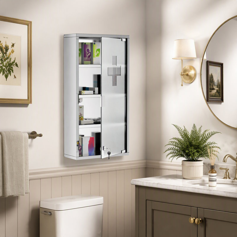 Armoire à pharmacie murale, armoire murale verrouillable avec 4 tablettes à niveaux, cadre en acier inoxydable et porte en verre, verrouillable avec 2 clés 0