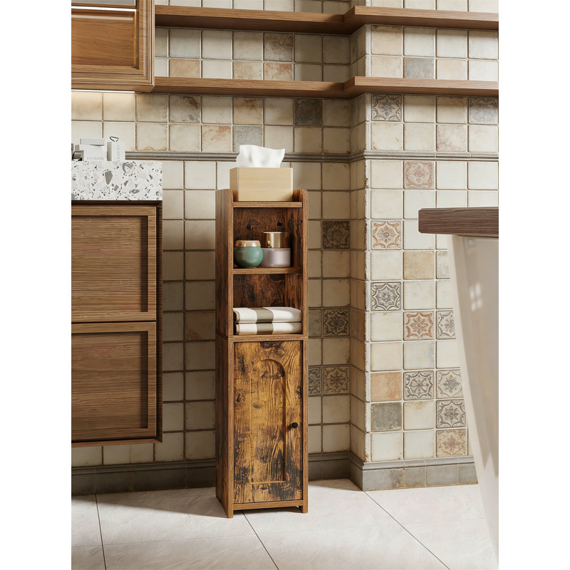 Brown Narrow Corner Bathroom Storage Cabinet With Doors And Adjustable Shelf, Brown