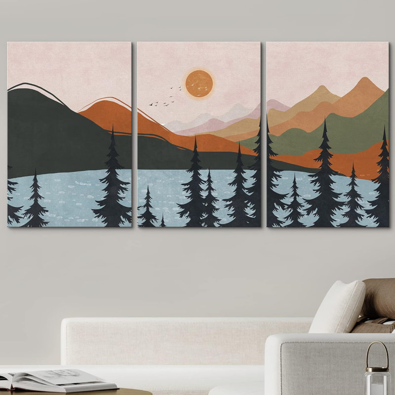 Sun Mountain Landscape " Pine Tree Forest Mountain River " 3 - Pieces, 24" H x 48" W x 1.5" D, Wrapped Canvas