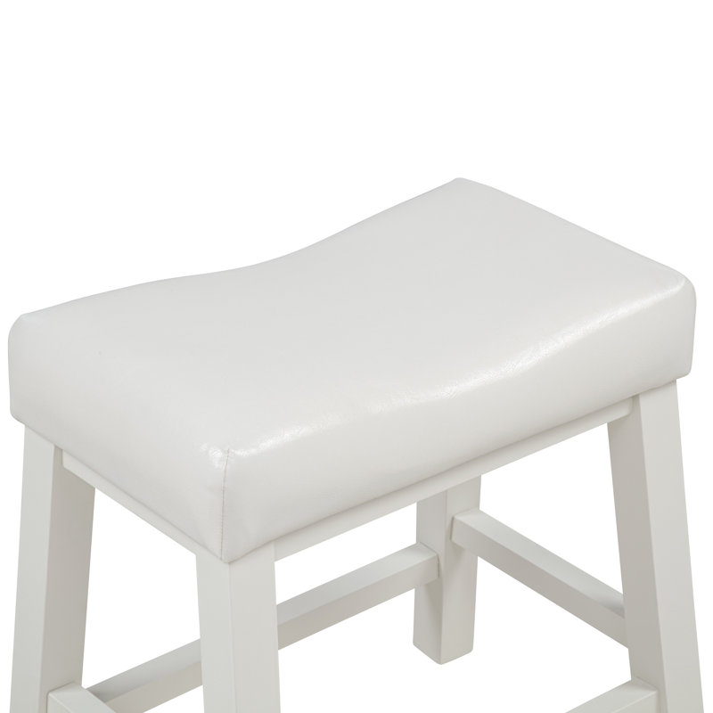 19" Solid Wood Backless Counter Stool with Pu Leather Upholstered Seat, White, White