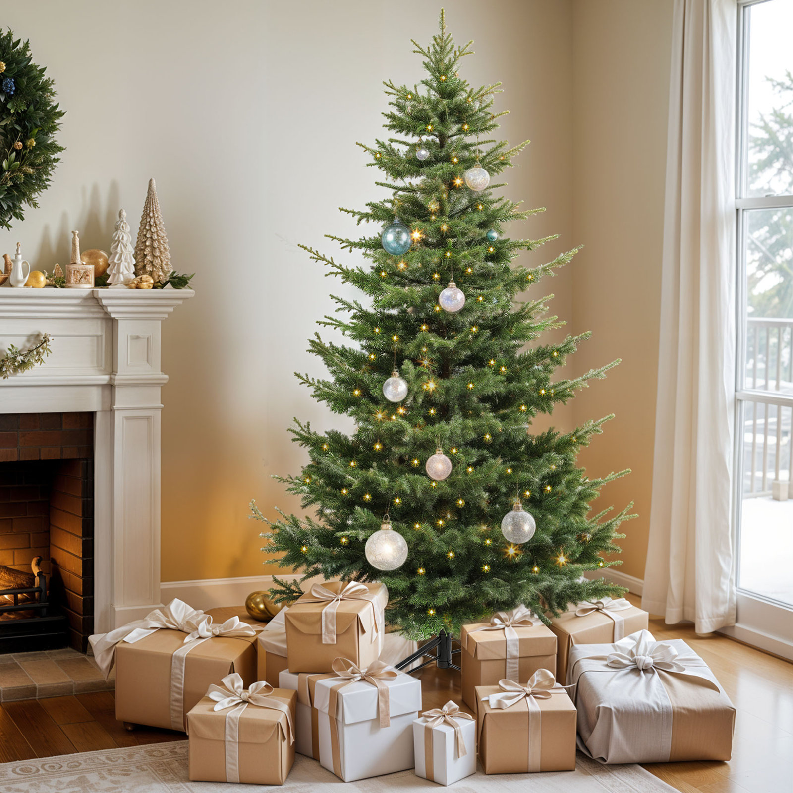 6.5ft / 7.5ft Artificial Fir Christmas Tree with Pre-Installed Lights and Crystal Snow Decoration, 6.5'