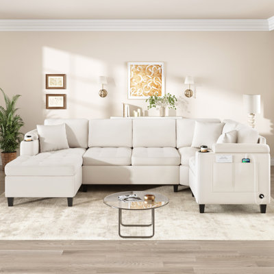 Canapé modulaire spacieux en forme de U en chenille de salon moderne avec rangement, porte-gobelets et ports USB, beige
