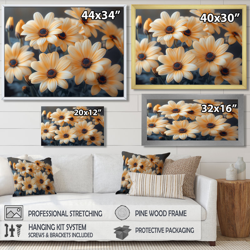 Décoration murale marguerites jaunes et noires soufflant IV - marguerites, H 30 po x l 40 po, Cadre flottant noir