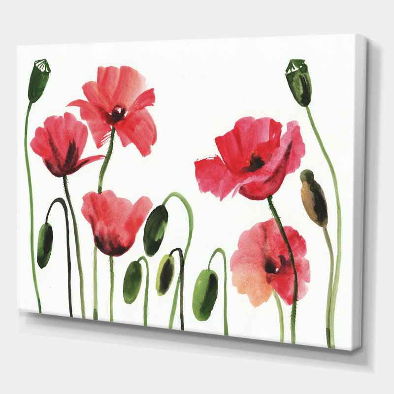 Coquelicots rouges rétro - peinture sur toile, H 24 po x l 32 po x P 1 po, Toile tendue