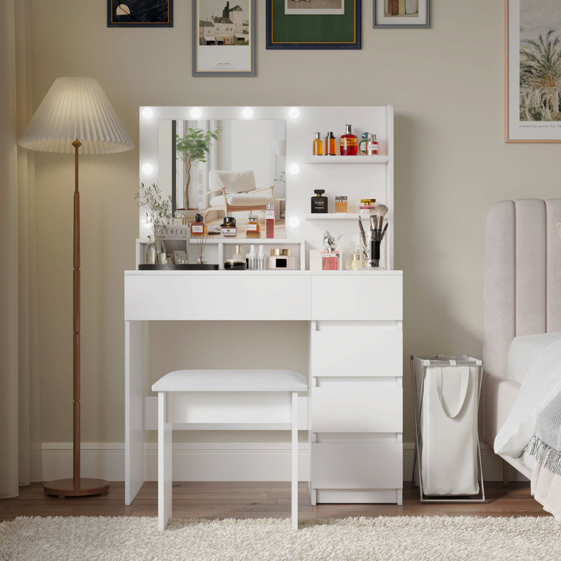 Vanity, Makeup Vanity Desk Set With Mirror & Light, Dressing Table Storage Lots , 3 Lighting Modes With Adjustable Brightness, White With Stool