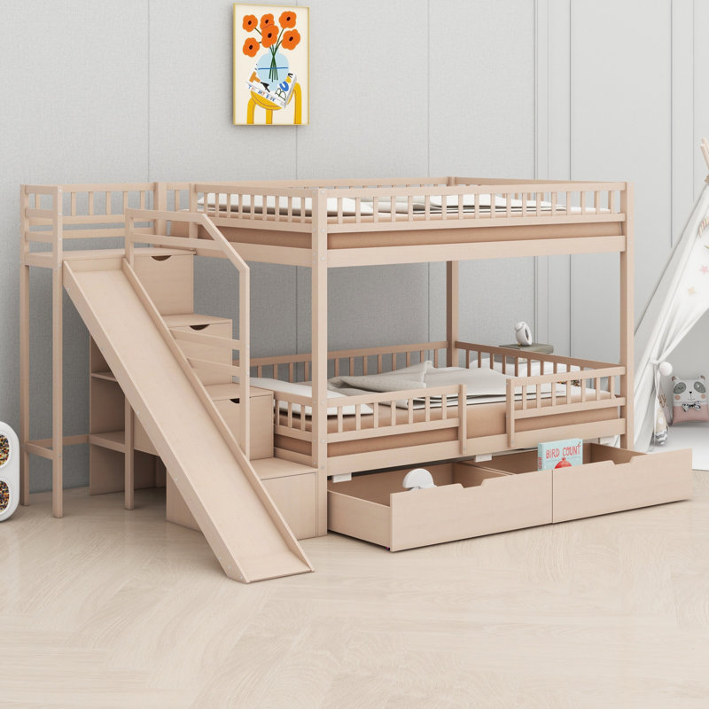 Cadre de lit superposé élégant pour enfants avec marches de rangement, glissade de jeu et rangement pratique pour les tiroirs