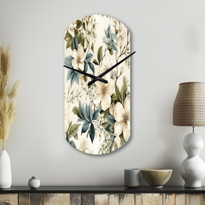 Vintage Flora - Plants Asymmetrical Metal Wall Clock, White Cylinder Metal Clock Print