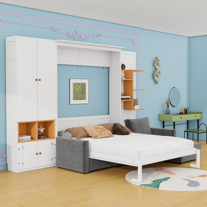 Grand lit escamotable avec canapé surdimensionné intégré et tablettes multiples, Blanc
