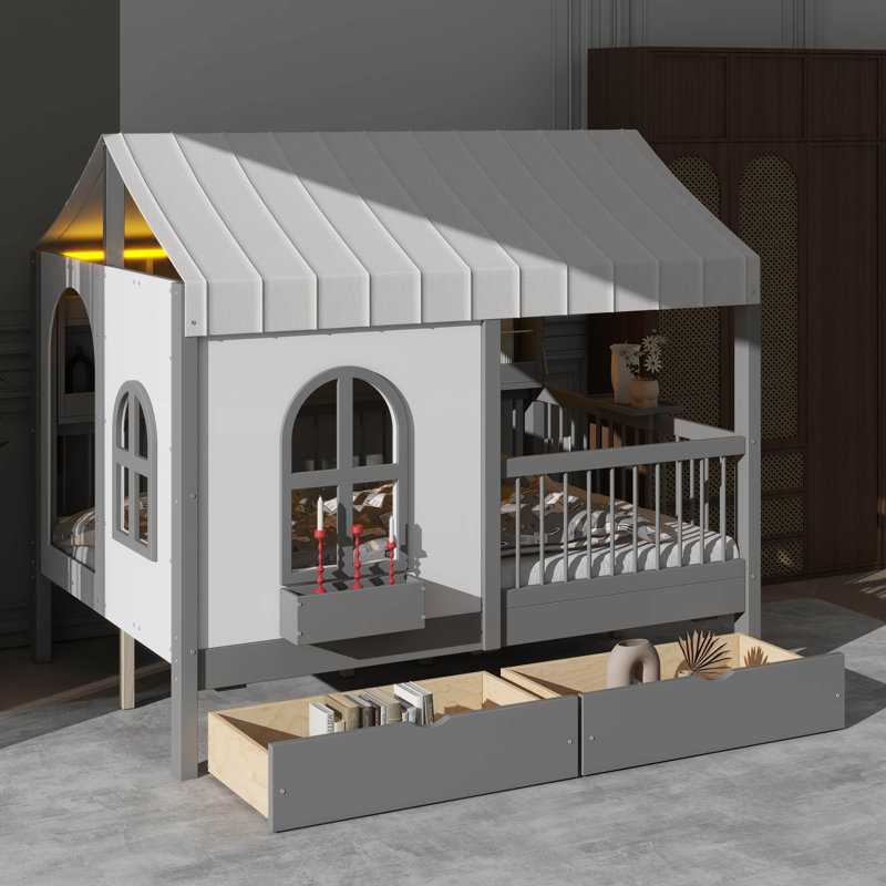 Lit double de style maison avec bibliothèque latérale et bande à DEL, structure de lit de maison de jeu avec garde-corps surélevés