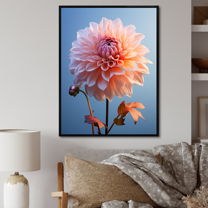 Corail et dahlia bleu dansant II - impression, Cadre flottant noir, H 44 po x l 34 po x P 1,5 po