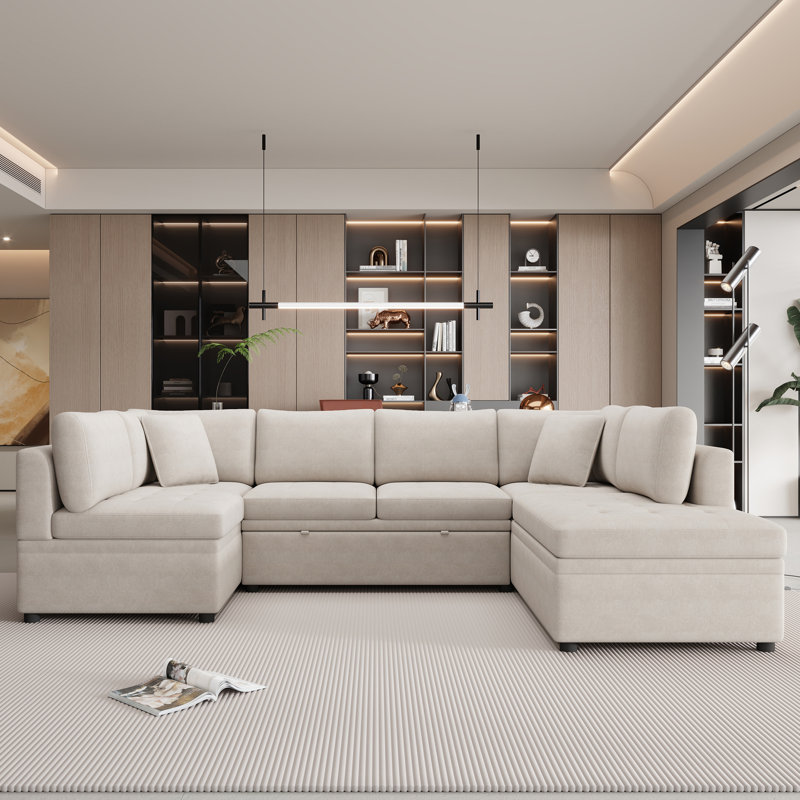 Canapé beige en chenille à accoudoirs carrés, Beige