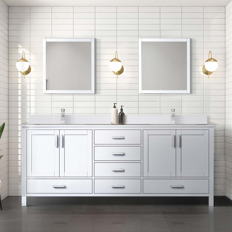 Ensemble de meuble-lavabo double gris foncé l 80 po x P 22 po, comptoir en quartz blanc et robinet