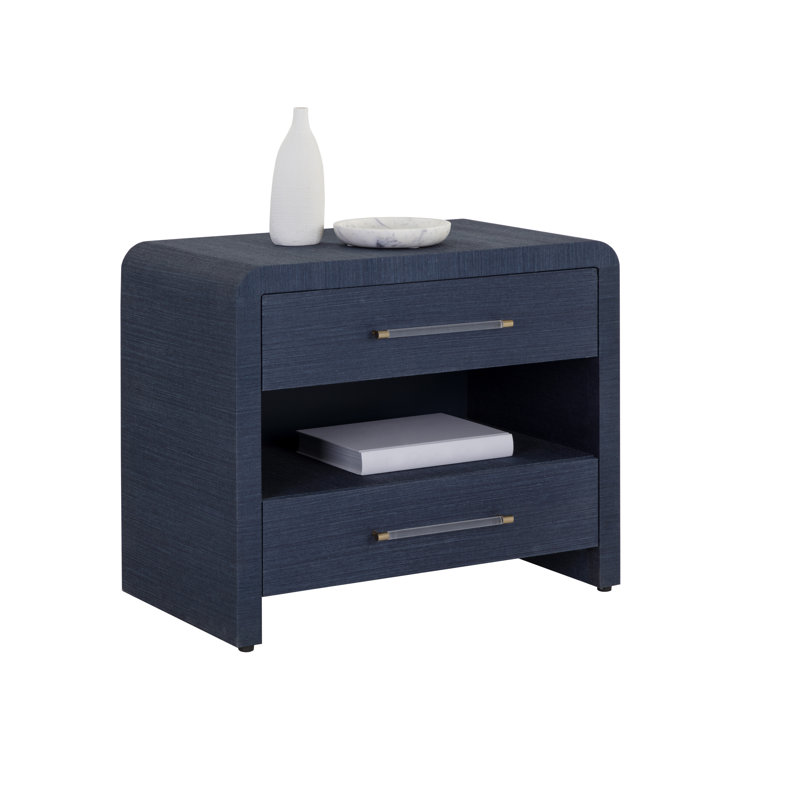 Indigo Blue Raffia 2-Drawer Transitional Nightstand