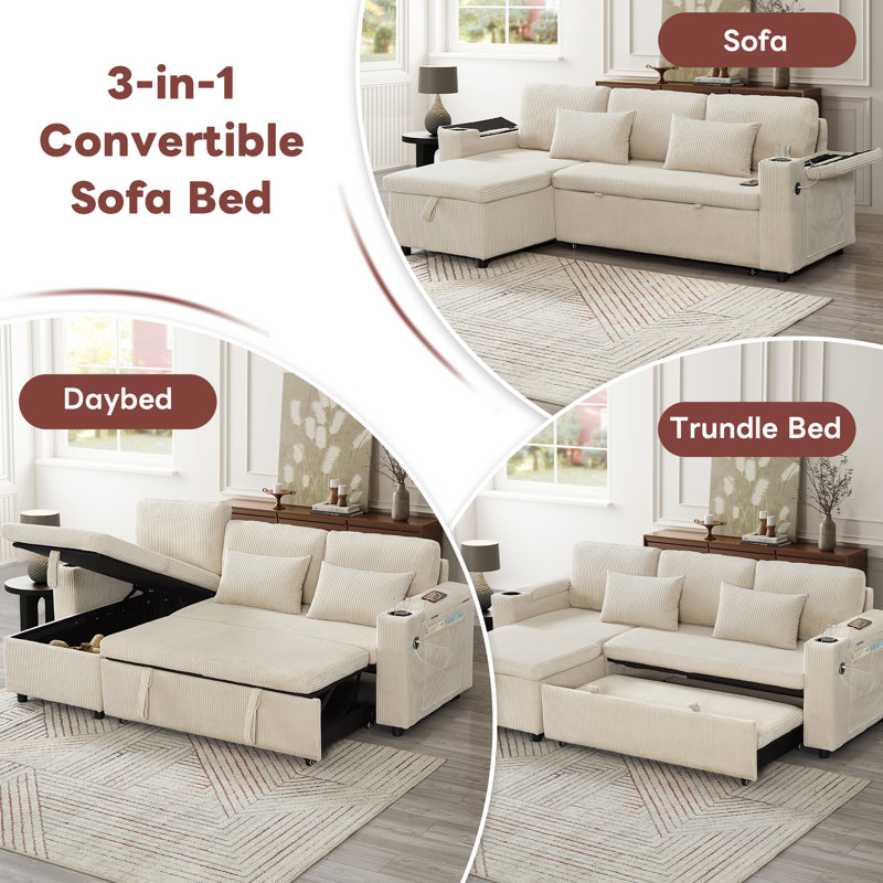 3 Seater Corduroy Sofa Bed, Beige Corduroy