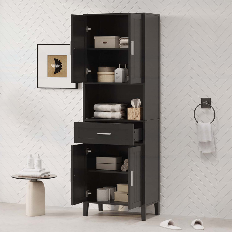 Armoire de salle de bain moderne avec tiroir, portes à fermeture en douceur et rangement ouvert, rangement polyvalent, Noir