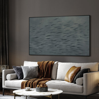 Extra Large Wall Art Fabric Print - Blue Shoal-Inspired Minimal Ocean Fish Movement Coastal Spaces Artwork Decor for Living Room or Bedroom - "Frame Assembly Required (Unfinished Frame)"