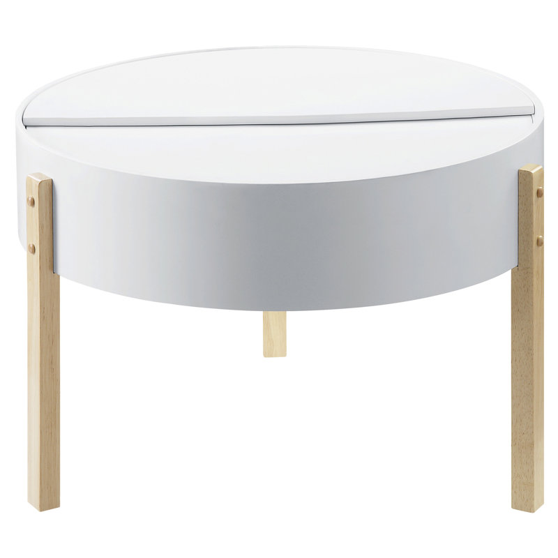 Table basse blanche et naturelle avec rangement dissimulé