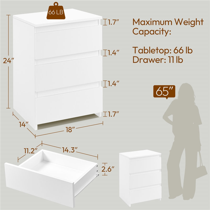 18" W 3 - Drawer Nightstand, White