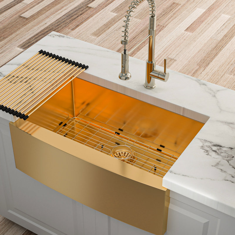 30" Kitchen Sink Gold, 16Gauge T304 Stainless, Large Capacity, Easy Maintenance Gold Apron Front Sink, Heavy Duty 16G Smooth Drain, Included Pack Clips