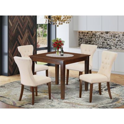 5 Piece Dinette Set for 4 Includes a Square Dining Room Table and 4 Light Beige Linen Fabric Parson Dining Chairs, Mahogany