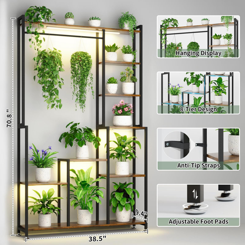 Grand support pour plantes avec lampe de croissance DEL, tablette à plusieurs niveaux en métal et bois avec crochets de suspension, présentoir haut pour plusieurs plantes d'intérieur, salon, balcon