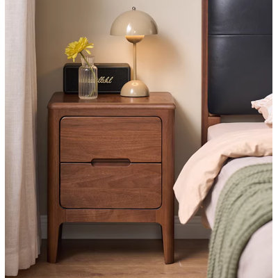 Solid North American Black Walnut Wood Nightstand - 2 Drawer Minimalist Modern Bedside Storage Cabinet, Compact Solid Wood End Table for Bedroom Home