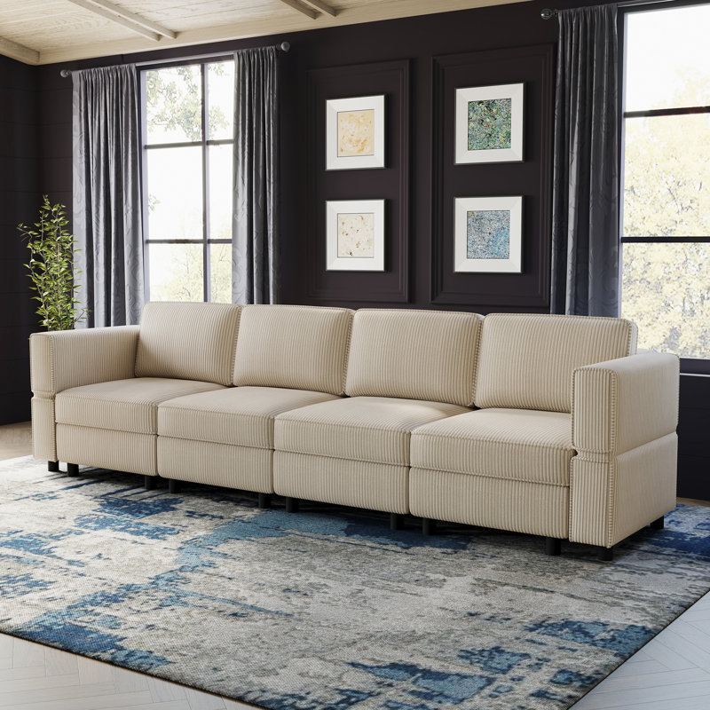 Canapé modulaire à 4 places Elda, Velours côtelé beige