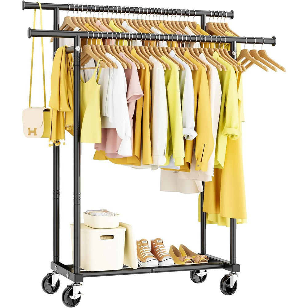 MAXAYA Double Rods Clothes Rack, Rolling Clothing Rack For Hanging Clot ...