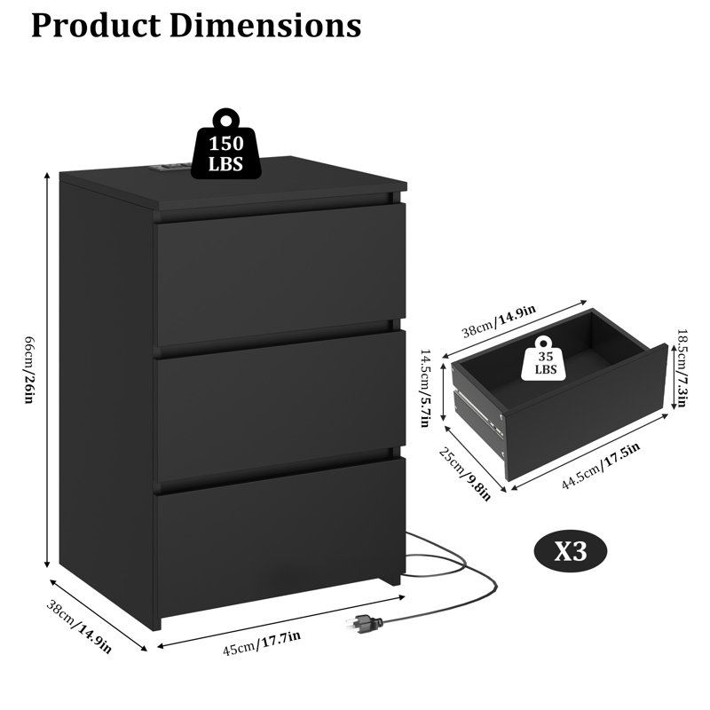 2 Pcs 3-Drawer Nightstands With Outlets And USB Ports, Black