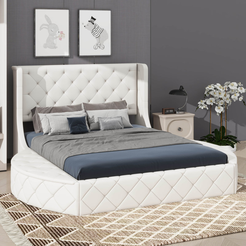 Queen Size Platform Bed With Wingback Headboard, Velvet Upholstery, One Large Drawer And Two Side Stools For Storage, Beige