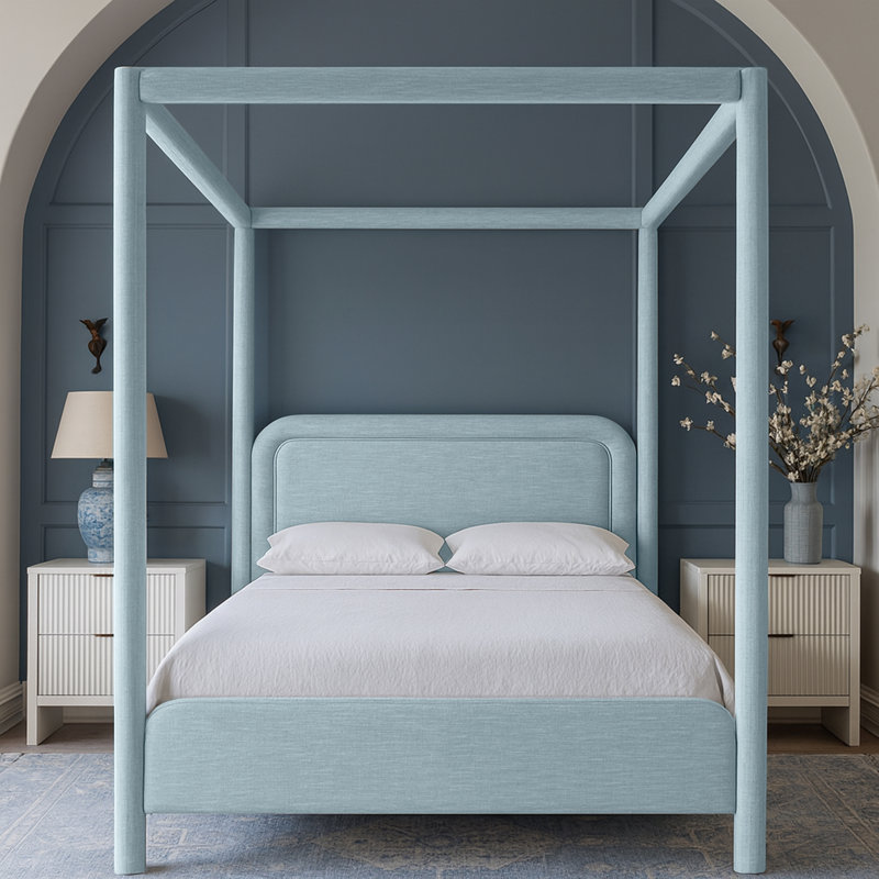 Salina Linen Textured Fabric Upholstered Bed, Light Blue Linen Textured Fabric, Queen