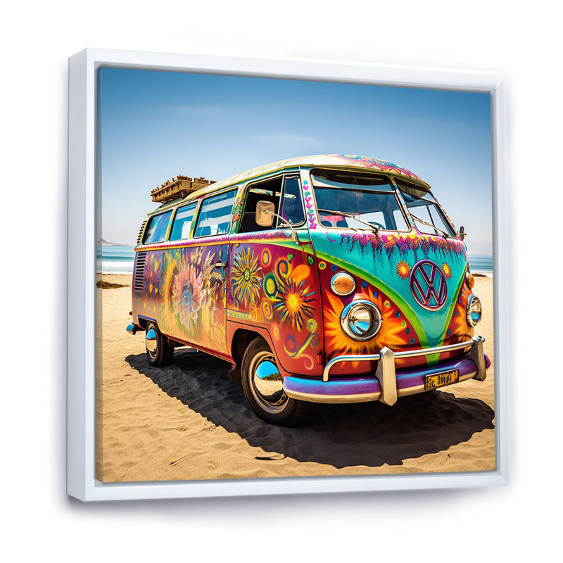 Magic Hippie Bus On The Beach I - Car Van Wall Art Prints, 16" H x 16" W, White Floater Framed