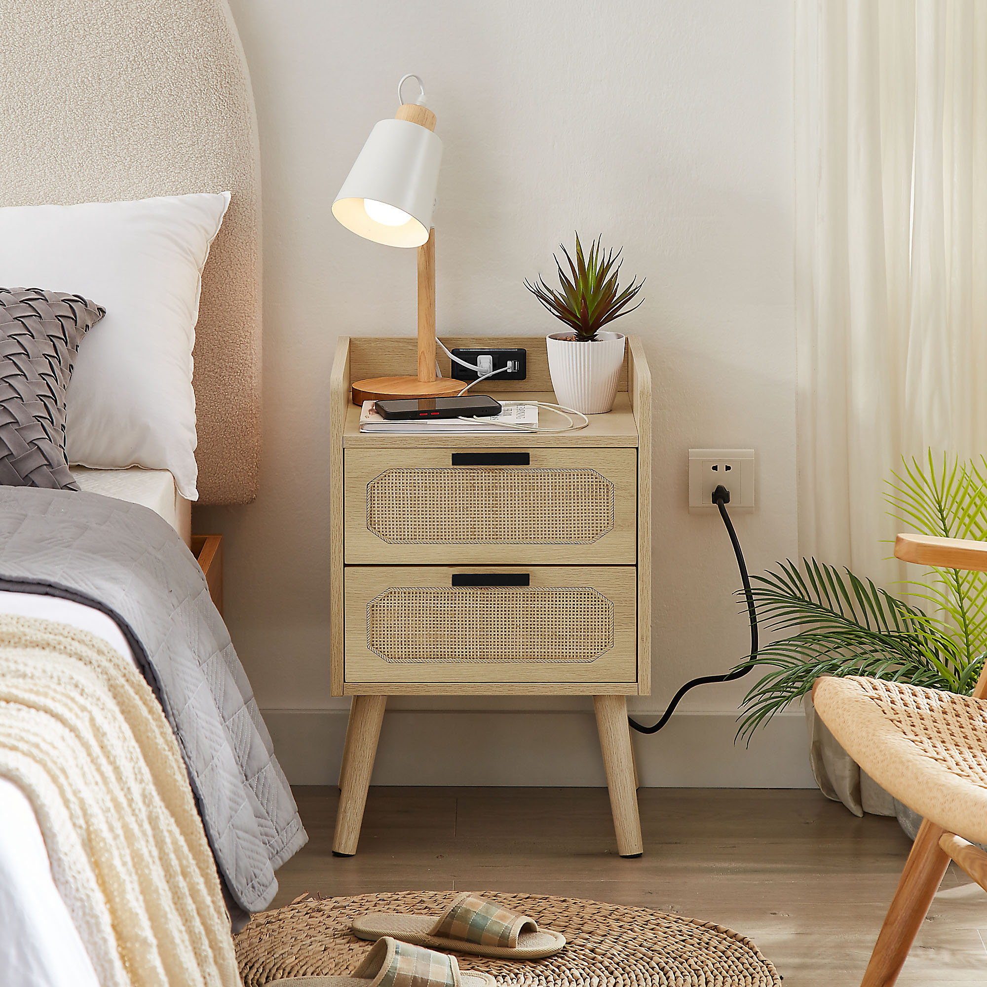 Bay Isle Home JHX Rattan Nightstand with Socket Side Table Natural