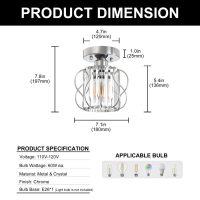 7-Inch Crystal Semi-Flush Mount Ceiling Light For Bedroom Hallway Entryway