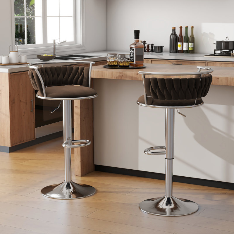 Tabouret de bar pivotant avec dossier Ginko, Argent argent, Café