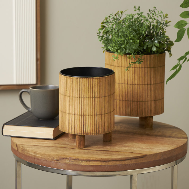 Fincham 2 Piece Bamboo Wood Handmade Indoor Brown Planter with Black Metal Interior Set, 9.05'' H x 7.15'' W x 7.15'' D