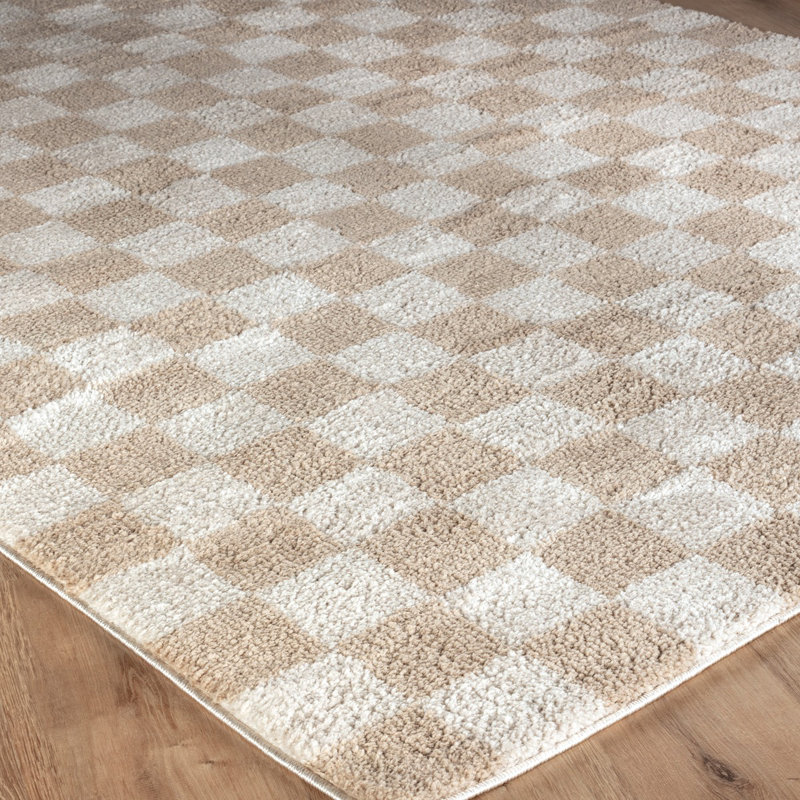 Beige Modern Shaggy Washable Rug, Chequered Anti-Slip Rug For Living Room, Dining Room, Bedroom, Kitchen