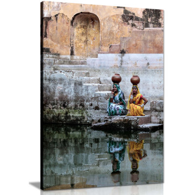 Panther Print Fine Art Prints Woman in Red & Yellow Dress Stepwell Reflections Artistic Framed Canvas Prints, Pictures for Home Walls, Bedroom, Living Room & Bathroom Decor 1 Piece Wrapped Canvas Wall Art