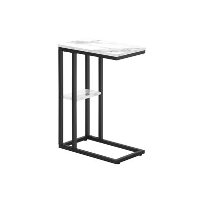 Accent Table, C-shaped, End, Side, Snack, Living Room, Bedroom, White Marble Look Laminate, Black Metal, Contemporary, Modern