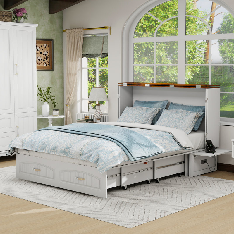  Queen Murphy Bed Cabinet with Storage Drawers, Built-in Charging station, Mattress Included