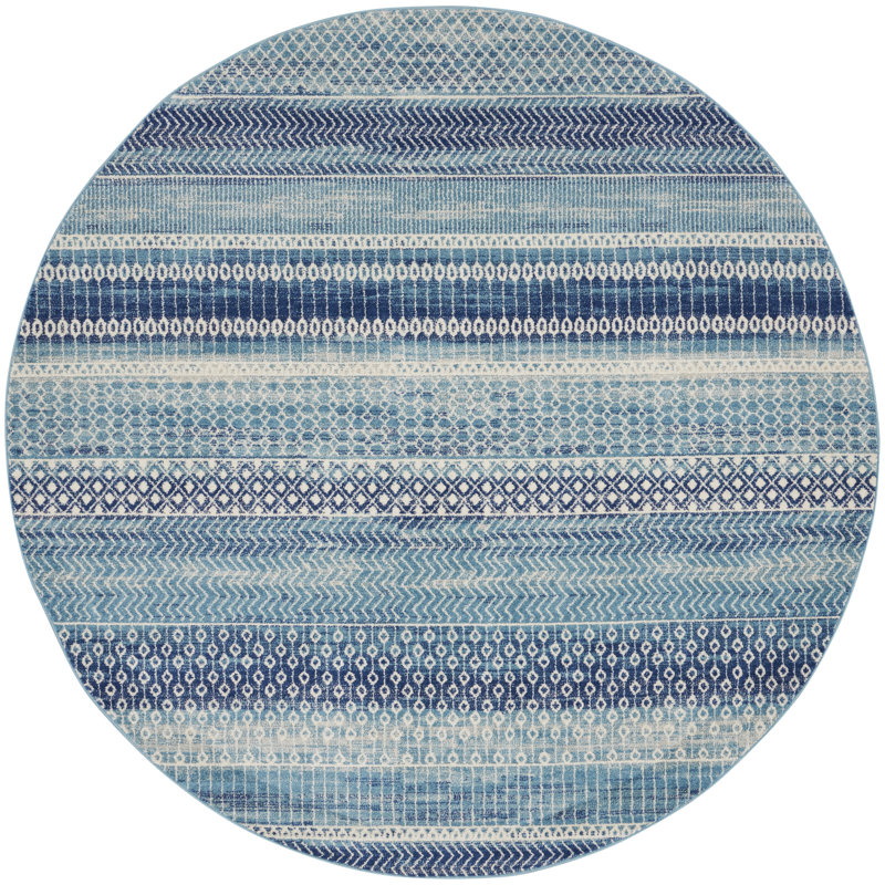 Tapis bleu marine à rayures Gillsville, Rond 8 pi