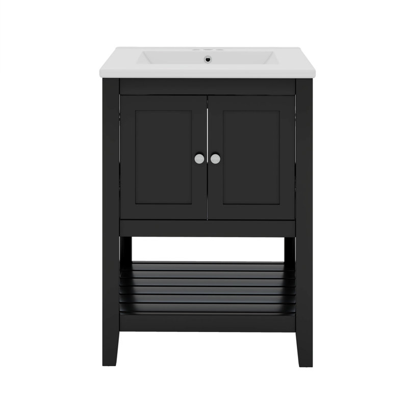 Armoire de meuble-lavabo simple 24 po avec portes et tablette ouverte 24 po, Noir