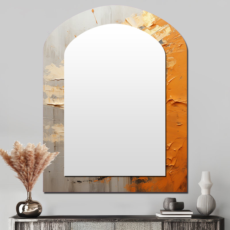 Gold Orange Desert Mirage Spiral III - Abstract Spirals Arch Wall Mirror, Gold Asymmetrical Decorative Mirror, Printed Metal Art