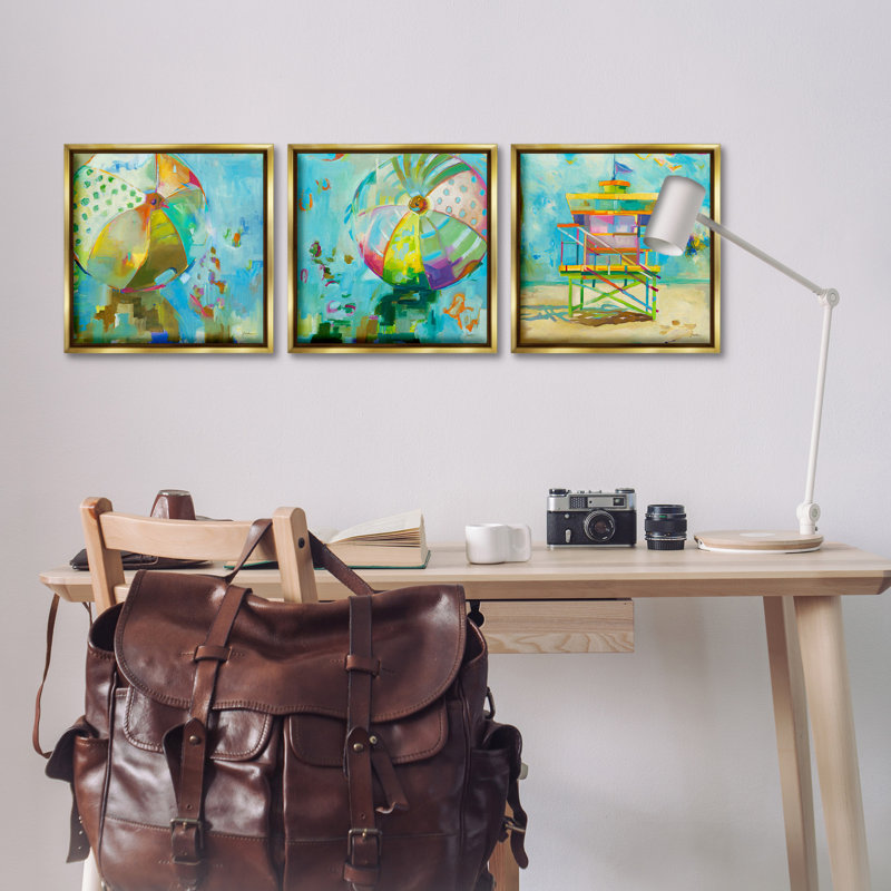 «Abstract Beach Scenes» par Liz Jardine, 3 pièces sur toile, Cadre flottant métallique doré, H 18 po x l 18 po
