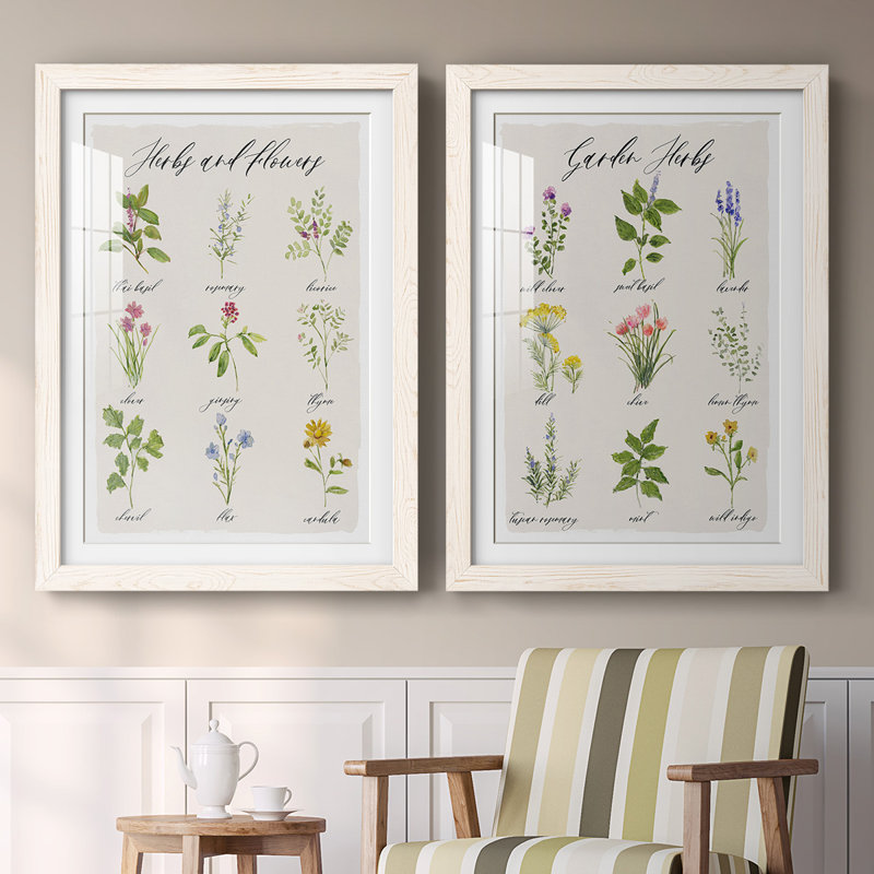 Herbes et fleurs - reproduction encadrée de qualité supérieure - prête à être accrochée, Blanc
